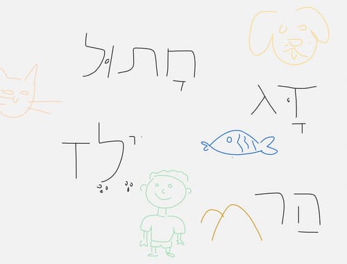 A lesson page with drawings of a cat, dog, fish, boy and strawberry, each labelled in Hebrew